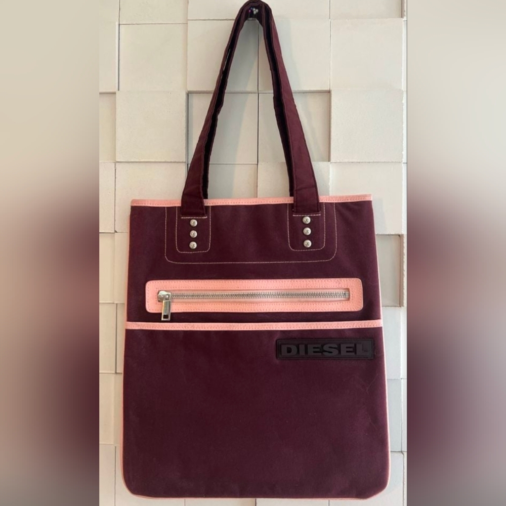 Brown Canvas Diesel Bag With Pink Leather Trim